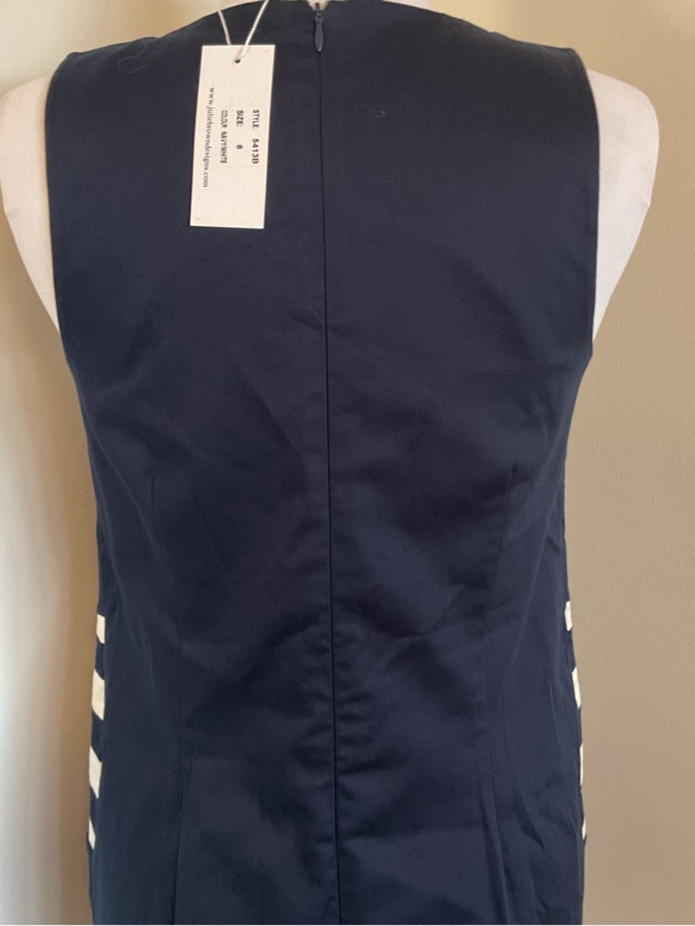 NWT Julie Brown Navy Cream Striped Sleeveless Shift Dress Size 8 Stretch Cotton - Picture 5 of 5
